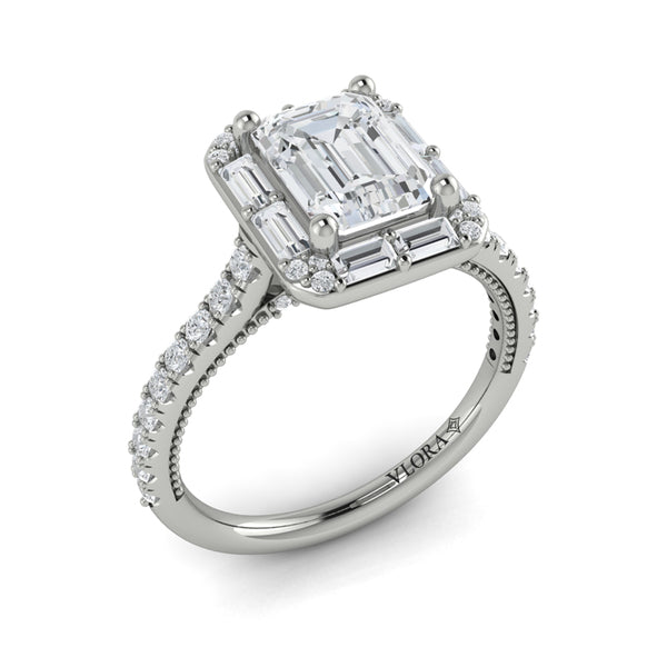 Emerald Cut Halo, Modern Vintage Engagement Ring in Platinum by Vlora Bridal