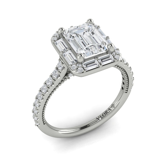 Emerald Cut Halo, Modern Vintage Engagement Ring in Platinum by Vlora Bridal