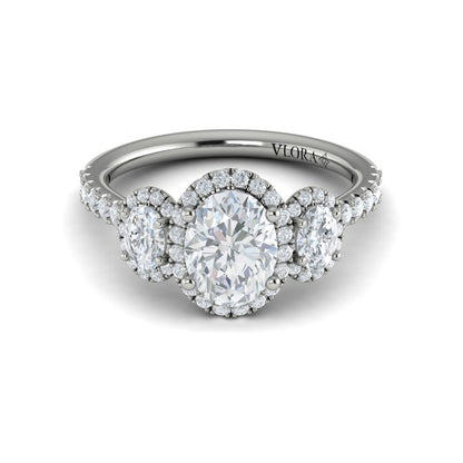 Oval Three Stone, Halo Engagement Ring in Platinum by Vlora Bridal