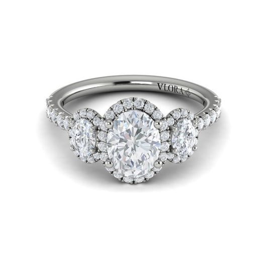Oval Three Stone, Halo Engagement Ring in Platinum by Vlora Bridal