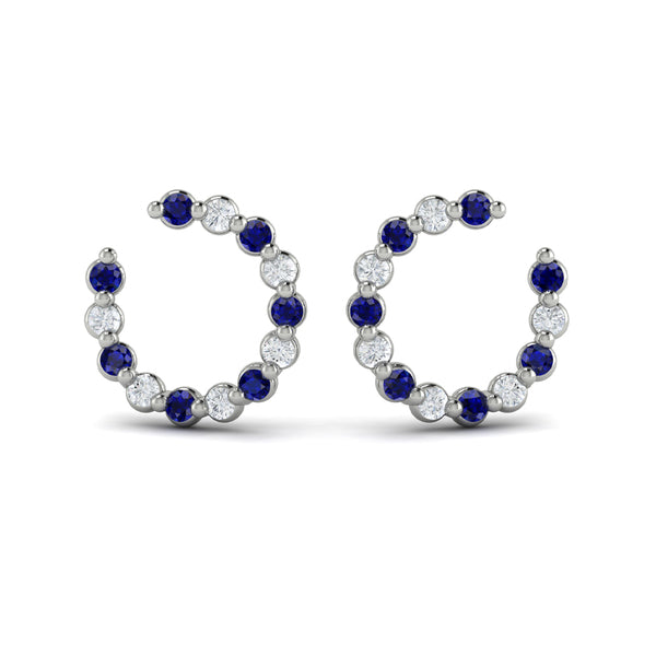 Forward-facing Diamond and Blue Sapphire  Open Hoop Earrings