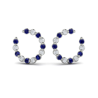 Forward-facing Diamond and Blue Sapphire  Open Hoop Earrings