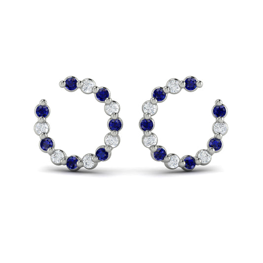 Forward-facing Diamond and Blue Sapphire  Open Hoop Earrings