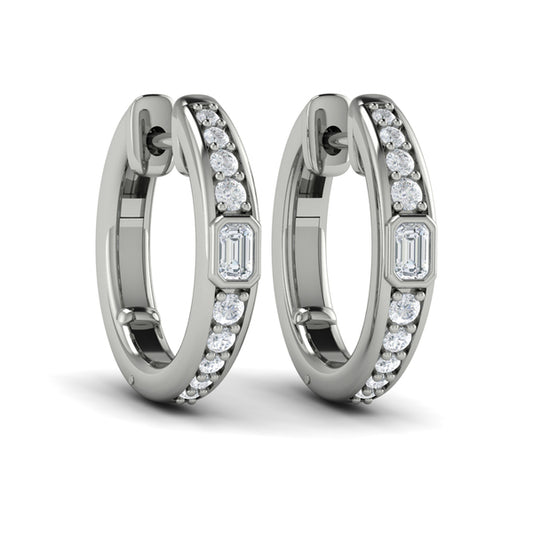 Bezel Set Emerald and Round Diamond Hoop Earrings
