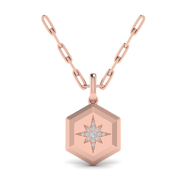 Center Starburst Diamond and Bezel Hexagon Pendant Necklace