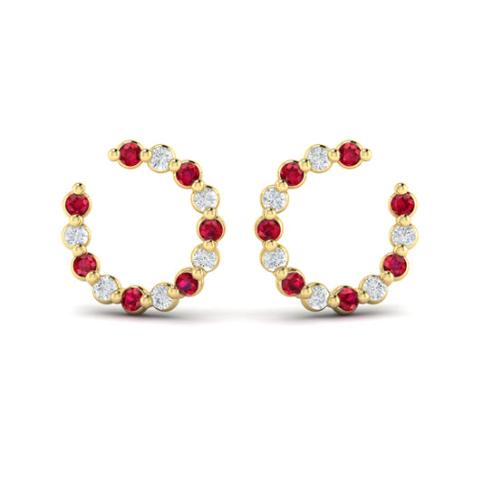 Forward-facing Diamond and Ruby Open Hoop Earrings