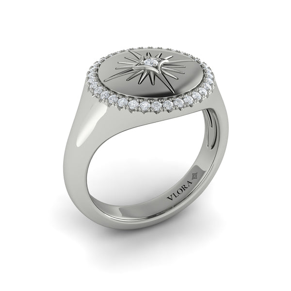 Center Starburst Diamond and Bezel Signet Ring