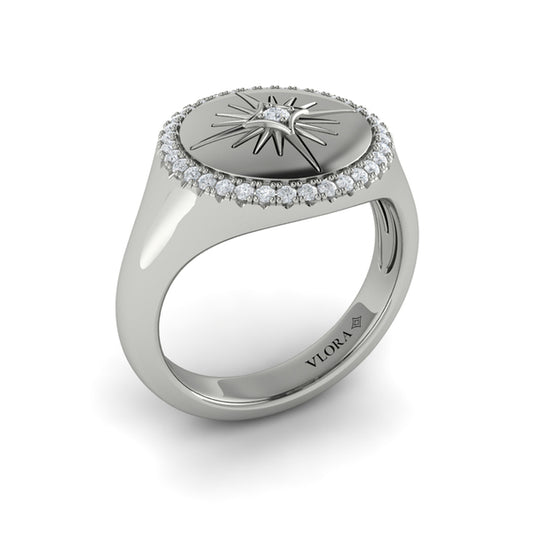 Center Starburst Diamond and Bezel Signet Ring