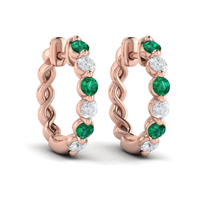 Diamond and Emerald  Twist Hoop Earrings