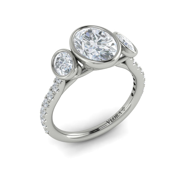 Oval Three Stone, Bezel Engagement Ring in Platinum by Vlora Bridal