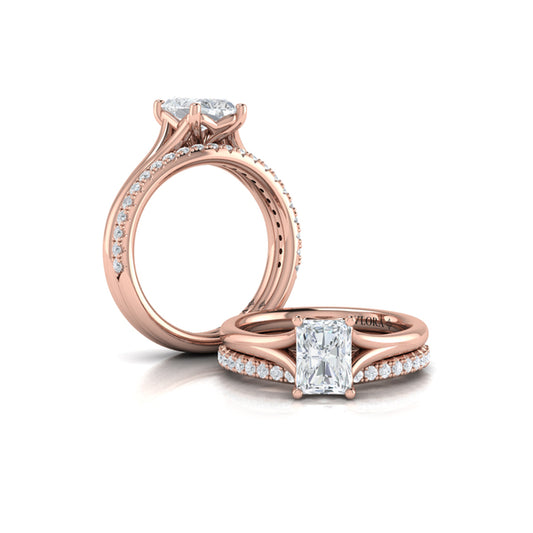 Emerald Cut Classic, Split Shank Engagement Ring in 14K Rose Gold by Vlora Bridal