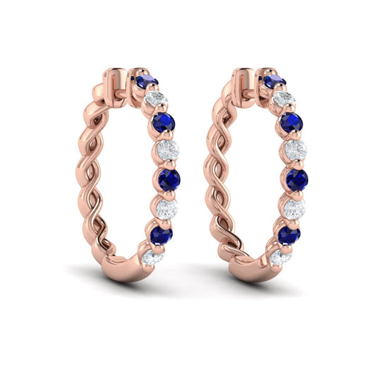 Diamond and Blue Sapphire  Twist Hoop Earrings