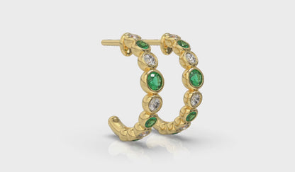 Round Bezel Set Diamond and Emerald Circle Hoop Earring