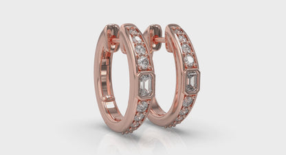 Bezel Set Emerald and Round Diamond Hoop Earrings
