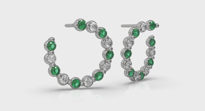 Forward-facing Diamond and Emerald  Open Hoop Earrings