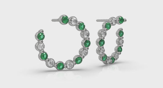 Forward-facing Diamond and Emerald  Open Hoop Earrings