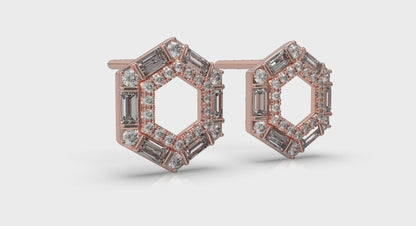 Diamond Baguette Double Row Open Honeycomb Stud Earrings