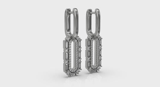 Diamond Baguette Double Row Link Drop Huggie Earrings
