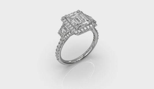 Trio Emerald Cut Halo Engagement Ring