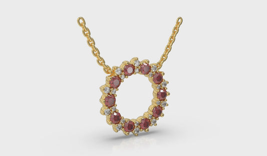 Diamond and Ruby Open Starburst Circle Pendant Necklace