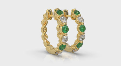 Diamond and Emerald  Twist Hoop Earrings