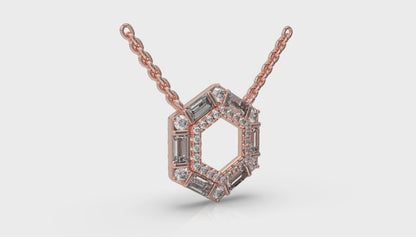 Diamond Baguette Double Row Open Honeycomb Pendant Necklace