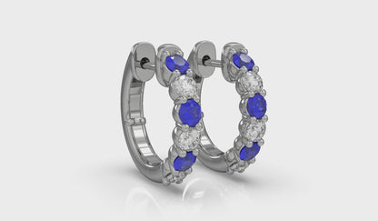 Forward-facing Diamond and Blue Sapphire  Open Hoop Earrings