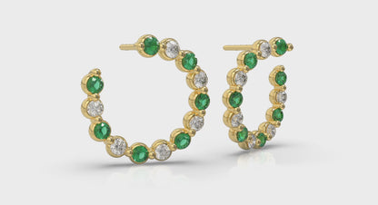 Forward-facing Diamond and Emerald  Open Hoop Earrings