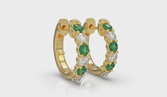 Forward-facing Diamond and Emerald  Open Hoop Earrings