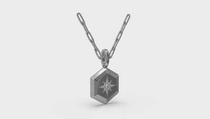 Center Starburst Diamond and Bezel Hexagon Pendant Necklace