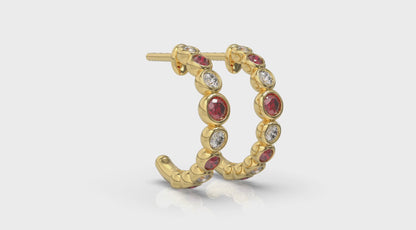 Round Bezel Set Diamond and Ruby Circle Hoop Earring