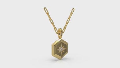 Center Starburst Diamond and Bezel Hexagon Pendant Necklace