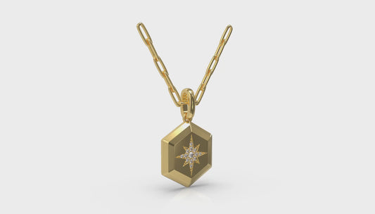 Center Starburst Diamond and Bezel Hexagon Pendant Necklace