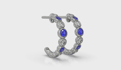 Round Bezel Set Diamond and Sapphire Circle Hoop Earring