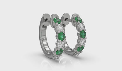 Forward-facing Diamond and Emerald Open Hoop Earrings