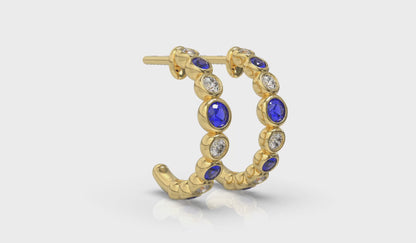 Round Bezel Set Diamond and Sapphire Circle Hoop Earring
