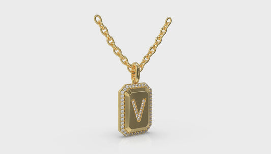 Diamond Medallion Alphabet Pendant Link Necklace, V