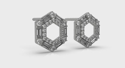 Diamond Baguette Double Row Open Honeycomb Stud Earrings