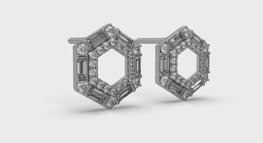 Diamond Baguette Double Row Open Honeycomb Stud Earrings