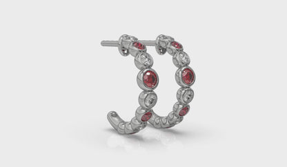 Round Bezel Set Diamond and Ruby Circle Hoop Earring