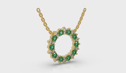 Diamond and Emerald Open Starburst Circle Pendant Necklace
