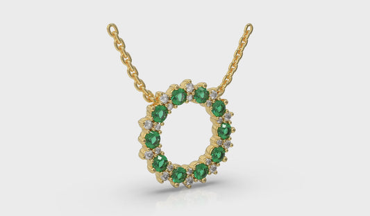 Diamond and Emerald Open Starburst Circle Pendant Necklace