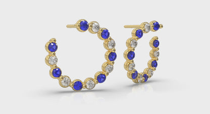 Forward-facing Diamond and Blue Sapphire  Open Hoop Earrings