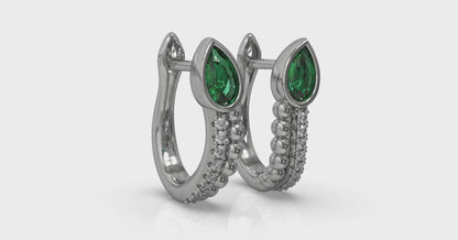 Pear Shaped Bezel Set Emerald and Diamond Huggie Earrings