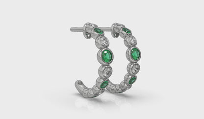 Round Bezel Set Diamond and Emerald Circle Hoop Earring