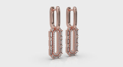 Diamond Baguette Double Row Link Drop Huggie Earrings