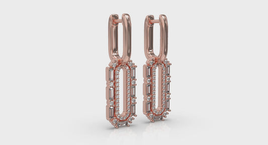 Diamond Baguette Double Row Link Drop Huggie Earrings
