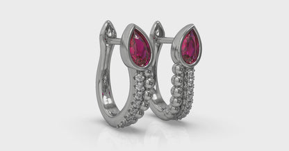 Pear Shaped Bezel Set Ruby and Diamond Huggie Earrings