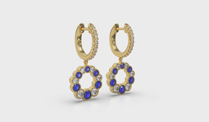 Round Bezel Set Diamond and Sapphire Circle Drop Earring