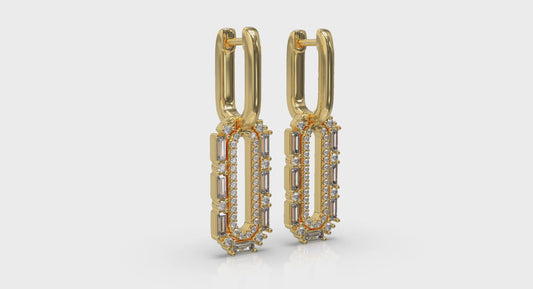 Diamond Baguette Double Row Link Drop Huggie Earrings